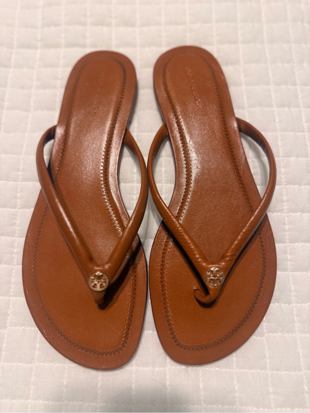 Tory Burch Tan Leather Logo Thong Sandals